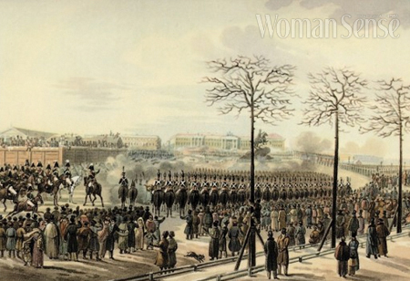 1825년 12월, 상트페테르부르크 원로원 광장에서 있었던 데카브리스트 혁명의 장면.