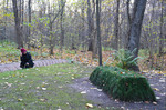 야스나야폴랴나 숲 속 톨스토이 무덤 앞에서 생각에 잠겨 있는 황여정 시인. 
