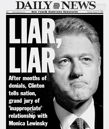 클린턴 전 미국 대통령의 섹스 스캔들을 보도한 데일리 뉴스의 커버.